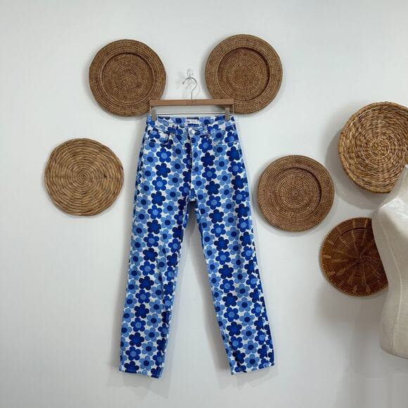 Zara Blue White Hippie Button Fly Funky High Rise Floral Straight Leg Jeans 6 - Picture 2 of 8